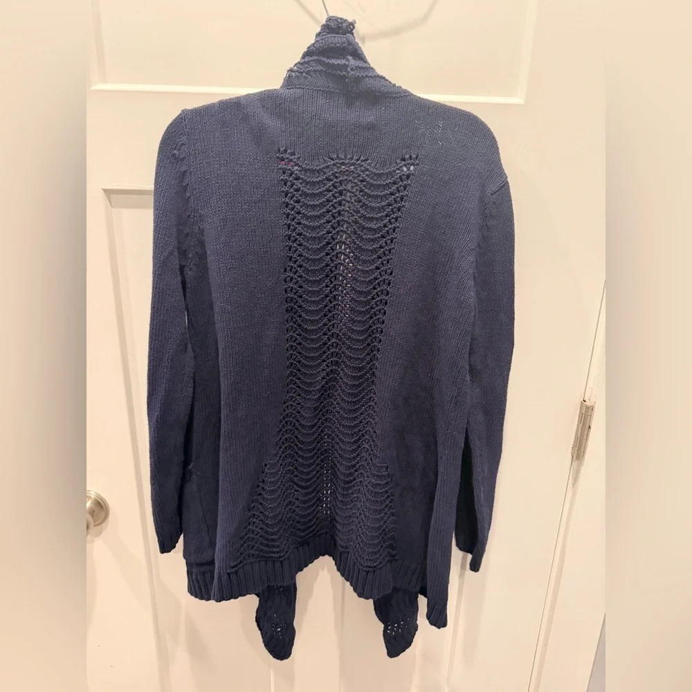 Skies Are Blue Navy Open Front Knit Cardigan Women’s L Textured Pocket Sweater